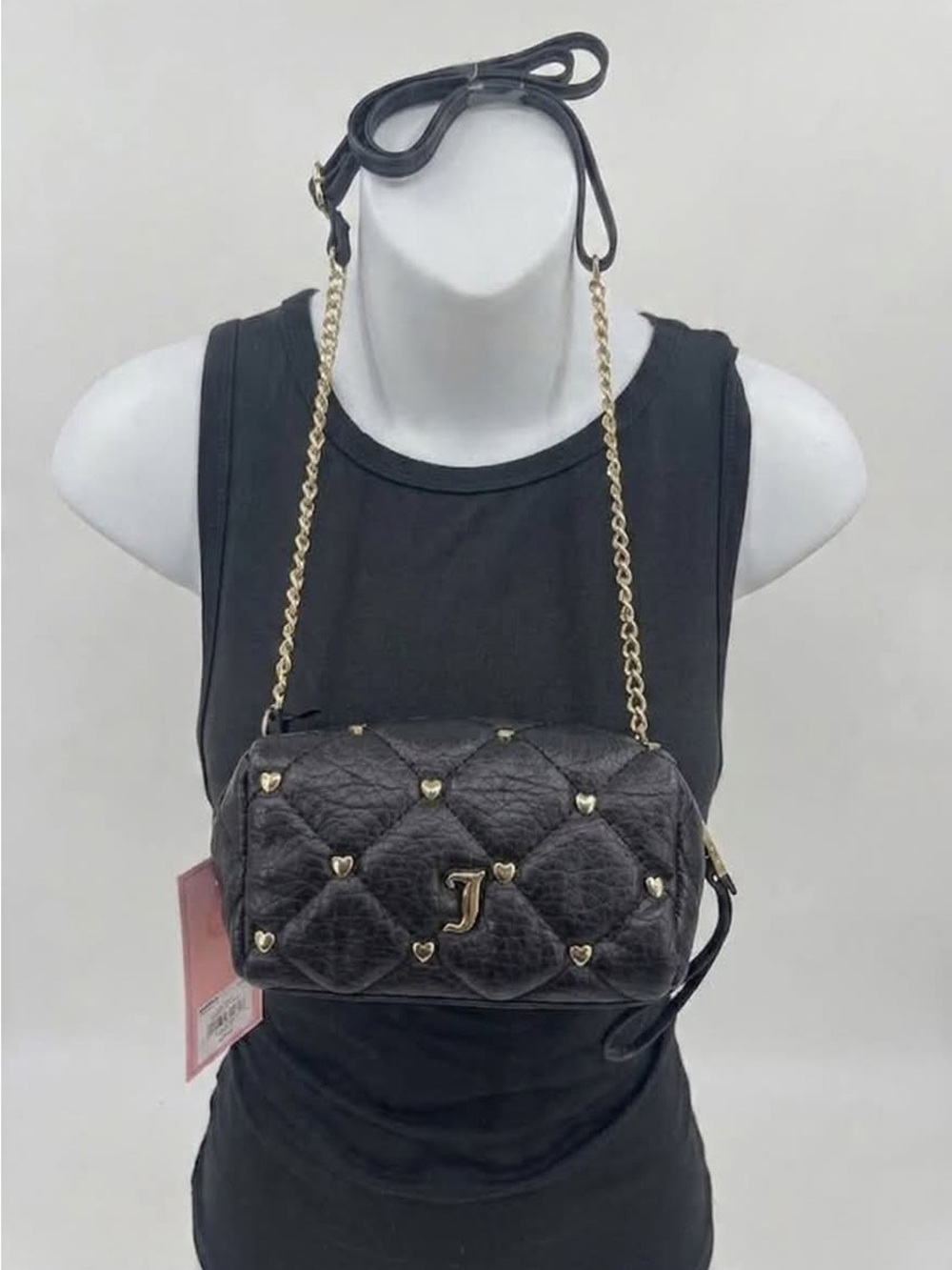 Juicy Couture Black Quilted Crossbody with Gold Heart Studs and Chain Strap